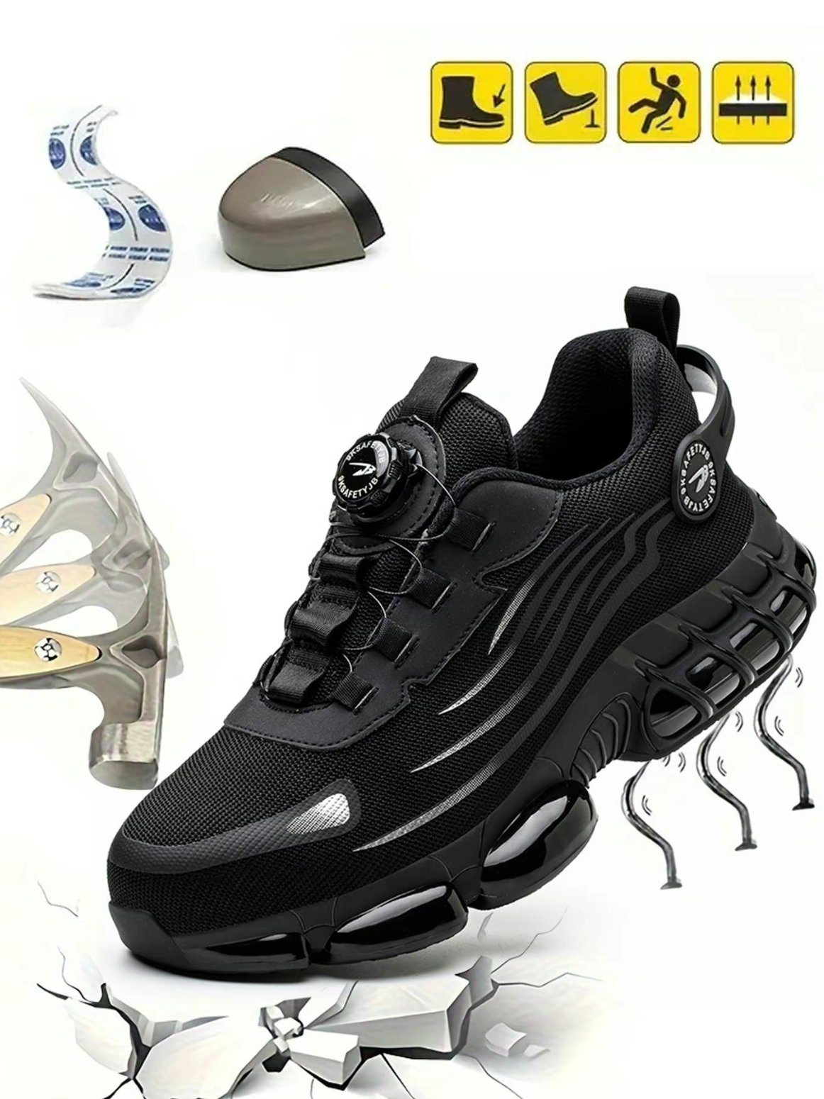 Men's Lace Up Low Top Safety Shoes with Rotating Button, Contrast Mesh Work, Anti Piercing & Anti Smashing Features, Black for Outdoor Work